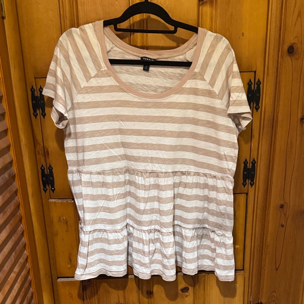 TORRID Beige and White Striped Short Sleeve Top